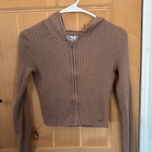 Brown Ribbed Zip-Up Hoodie